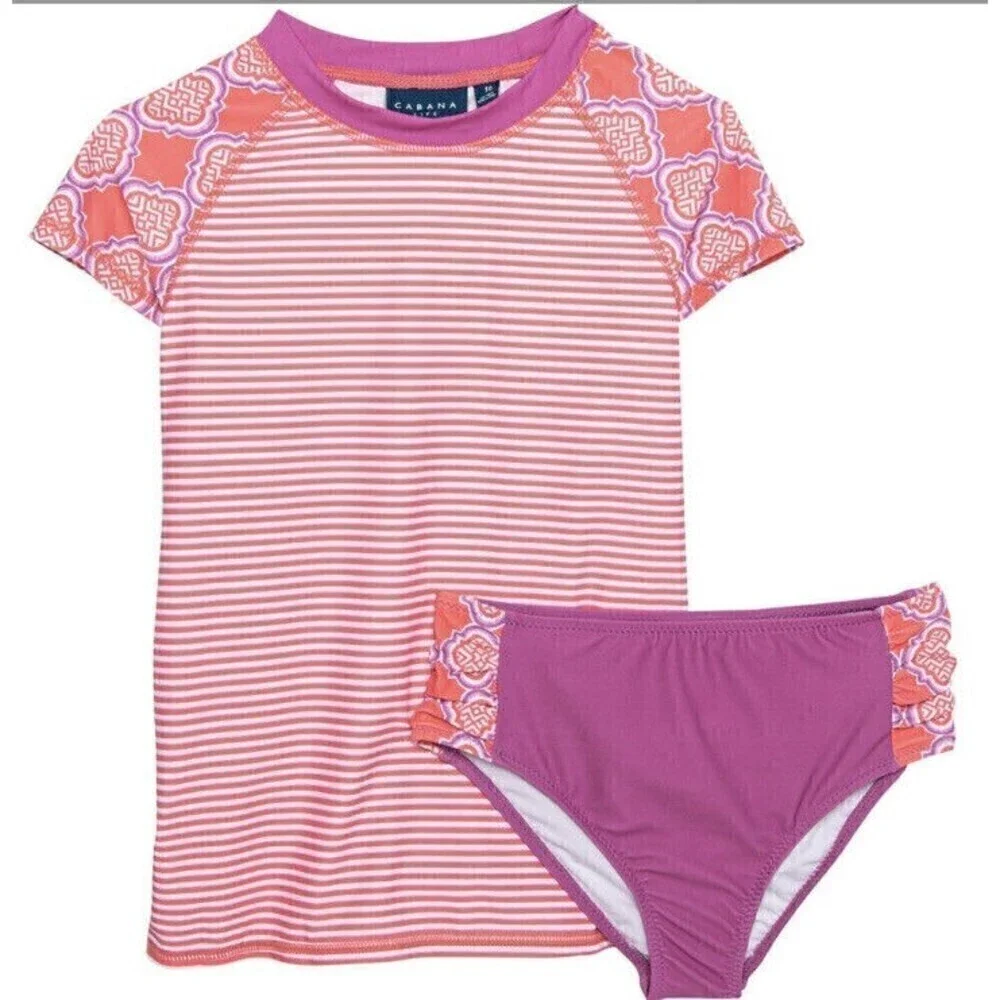Cabana Life Rash Guard Bikini Bottoms Set Swimsuit Pink UPF 50+Short Sleeve Sz 4